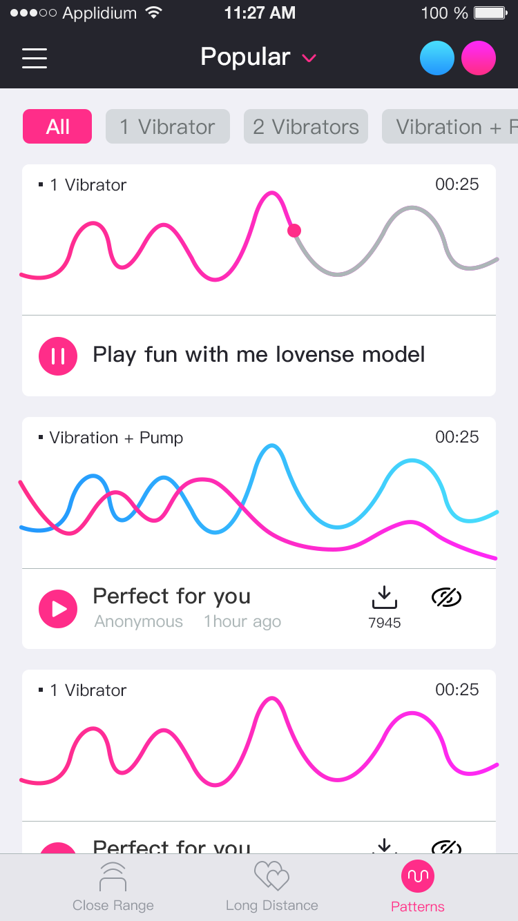 Snímka obrazovky aplikácie Lovense Remote create unlimited patterns.